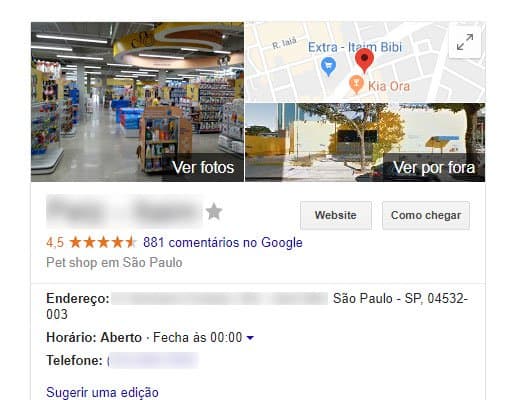 Visualização da loja no Google Meu Negócio