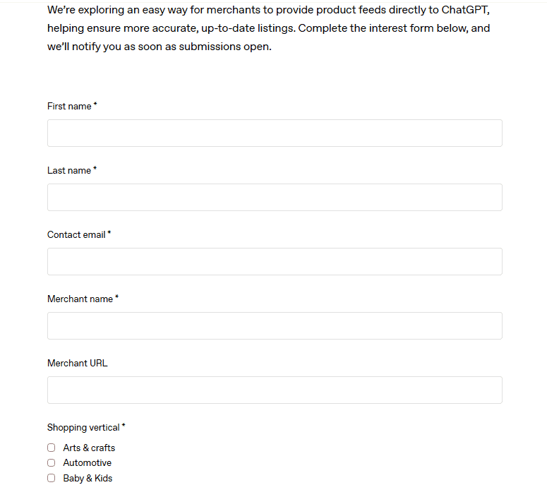 ChatGPT Shopping: descubra tudo sobre esse recurso! Imagem de tela de formulário